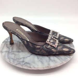 Manolo Blahnik Gray & Silver Fabric Mules with Crystal Embellishment